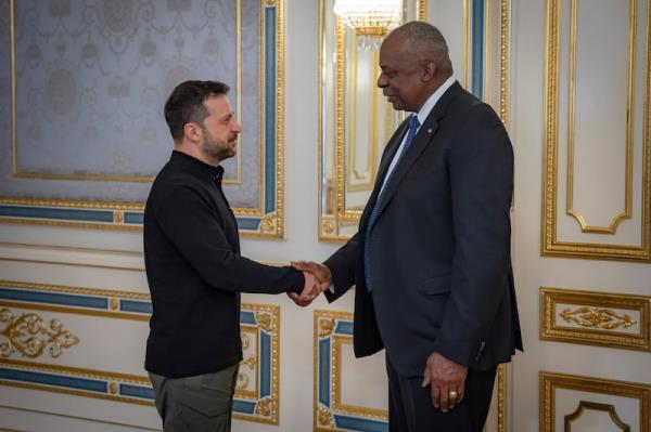 Lloyd Austin meets with Ukrainian president Volodymyr Zelensky. Photograph: Press Service Of The President Of Ukraine via AP