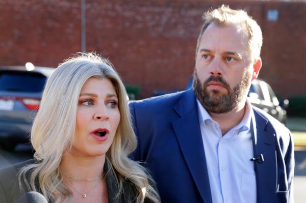 Texas state representatives Lacey Hull and John Bucy III speak to reporters on the pending execution of Robert Roberson during an improm<em></em>ptu press co<em></em>nference on Thursday.