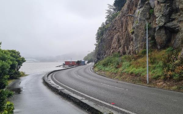 Trucks are driving in to clear a large slip with lots of debris on Portobello Road in Dunedin on Saturday 5 October 2024.