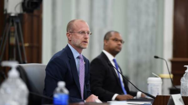 Brendan Carr answers questions during an oversight hearing held by the US Senate Commerce, Science, and Transportation Committee for the Federal Communications Commission (FCC), in Washington, US June 24, 2020. Photo: Jo<em></em>nathan Newton/Pool via REUTERS/ File Photo