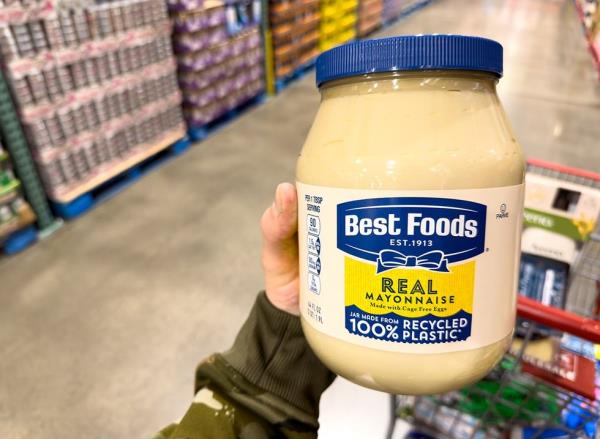 A large jar of Best Foods real mayonnaise, seen inside Costco warehouse.