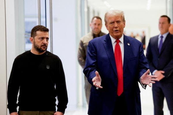 Republican presidential nominee and former U.S. President Do<em></em>nald Trump and Ukraine's President Volodymyr Zelenskiy