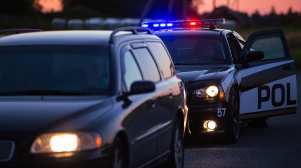 A car getting pulled over by a police car whose lights are flashing