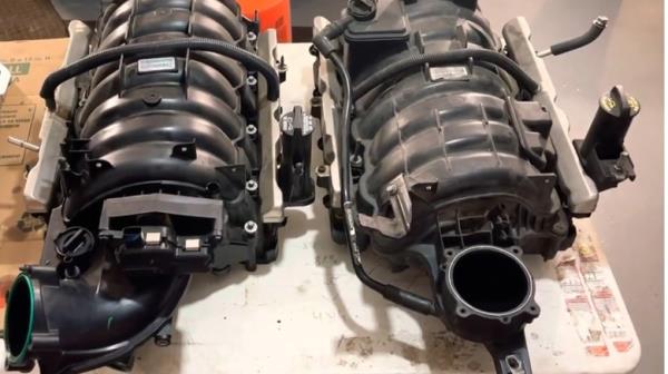 Side-by-side comparison of 6.4 and 5.7 HEMI intake manifolds